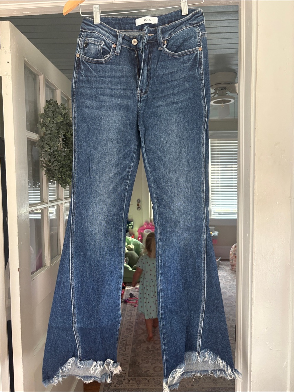 KanCan Dark Blue Wide Leg Jeans with Frayed Hem